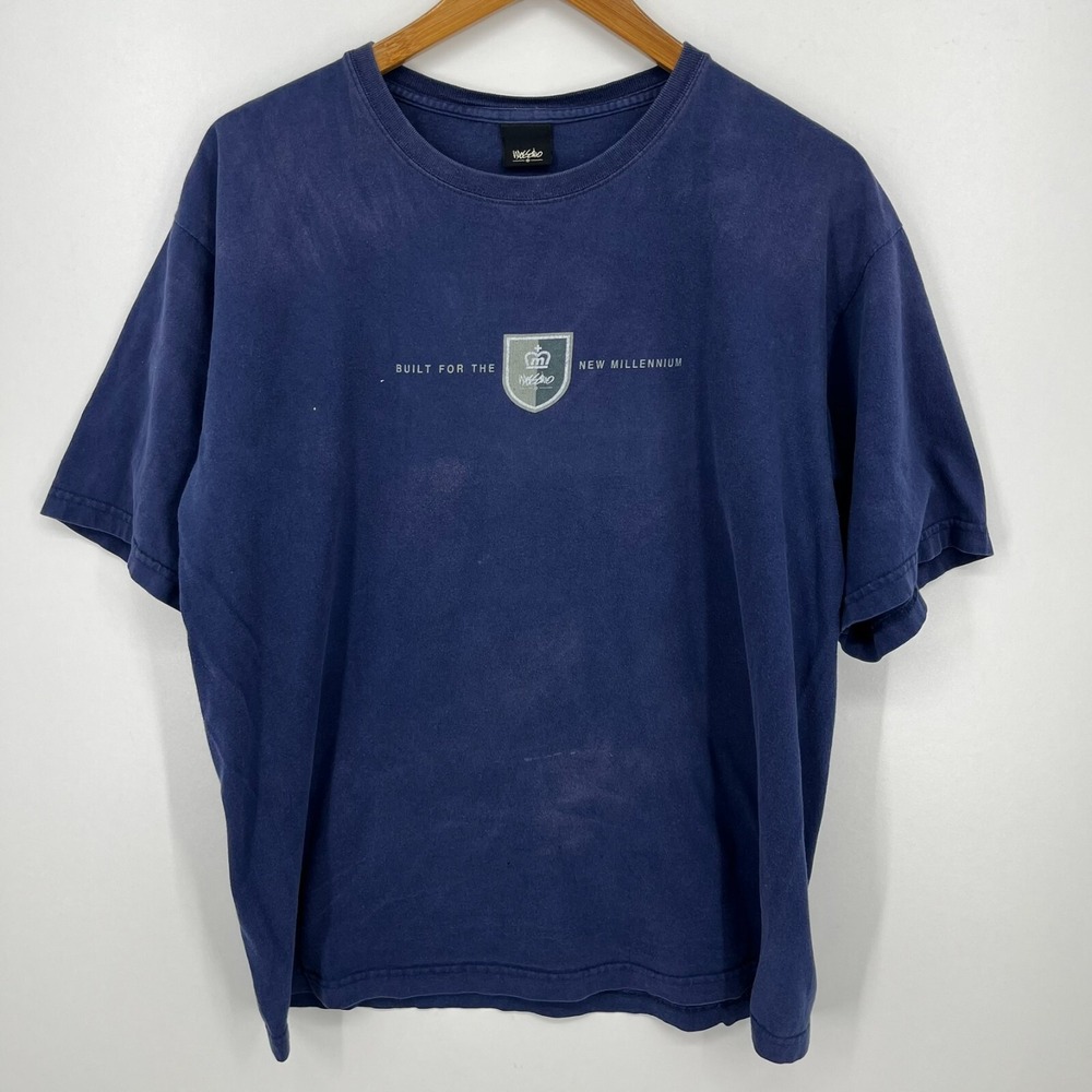 Mossimo‎ T-Shirt Men's L Navy Blue Vtg 90s Short Sleeve Crew Neck Distressed USA